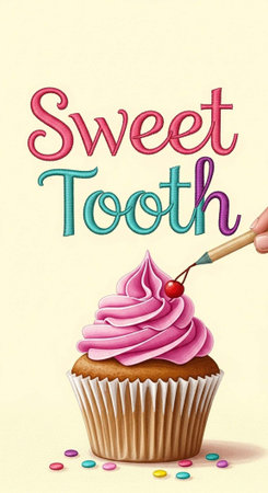 A colorful cupcake with pink frosting and a cherry on top being decoratedの写真素材