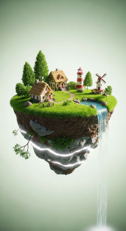 A surreal floating island with a village and waterfall in a dreamlike landscapeの写真素材