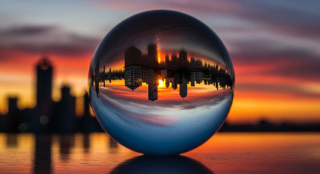 A glass sphere reflecting a city skyline at sunset over waterの写真素材