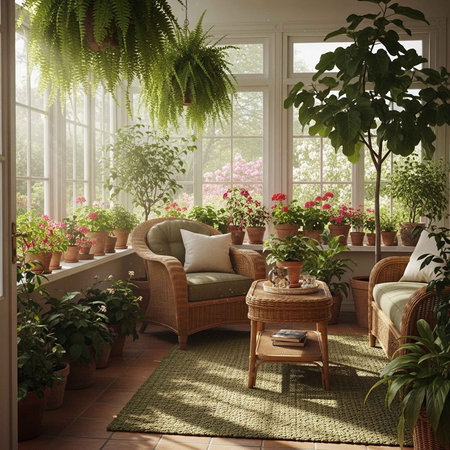 A serene sunroom with wicker furniture and numerous potted plantsの写真素材