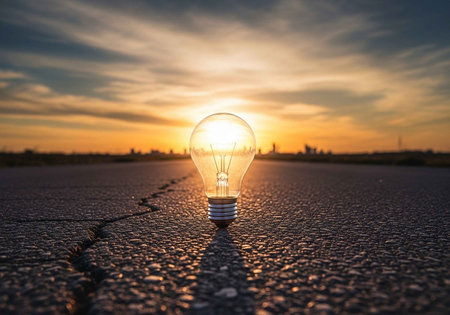 A glowing lightbulb sitting on a cracked asphalt road at sunsetの写真素材