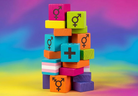 A stack of colorful blocks with gender symbols on a rainbow backgroundの写真素材