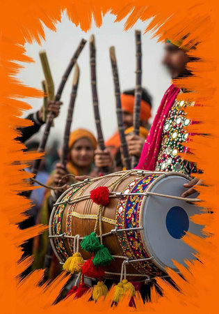 A group of people playing traditional Indian musical instruments outdoorsの写真素材