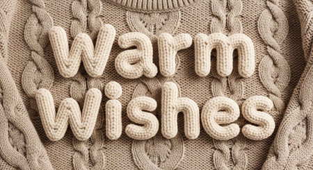 A close-up of a knitted sweater with the words Warm Wishes embroidered on itの写真素材