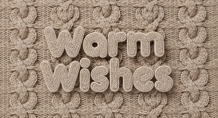 A close-up of a knitted fabric with the words Warm Wishes embroidered on itの写真素材