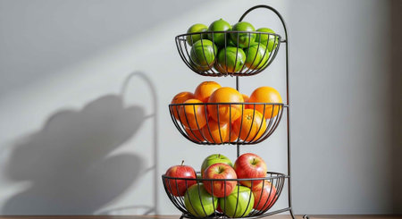 A three-tiered wire basket stand filled with fresh fruits on a tableの写真素材