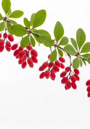 A branch of barberry with green leaves and bright red berriesの写真素材