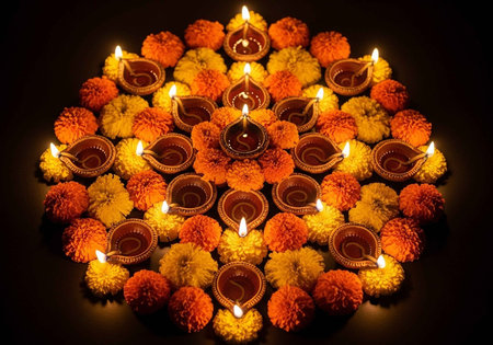 A beautiful arrangement of diyas and marigold flowers for Diwali celebrationの写真素材