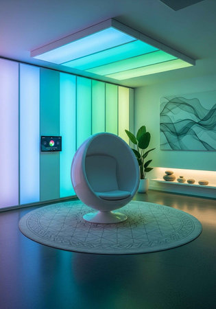 A modern egg chair in a futuristic room with colorful lighting and decorの写真素材