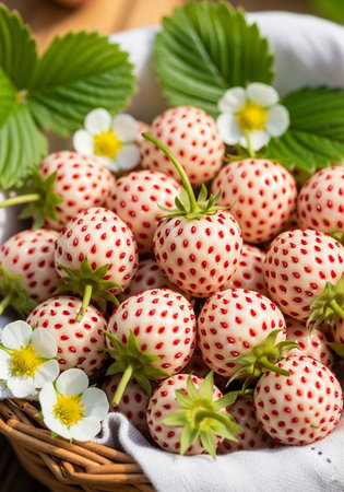 A close-up of white strawberries with red seeds in a wicker basketの写真素材