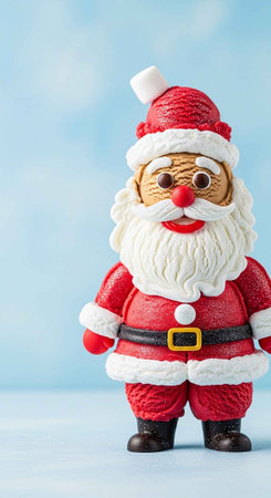 A festive Christmas cookie Santa Claus figurine on a blue backgroundの写真素材