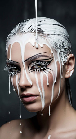 A woman with white paint dripping down her face and hair
