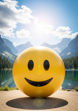 A large yellow smiley face sculpture stands in front of a serene lake and mountain range on a sunny day.の写真素材