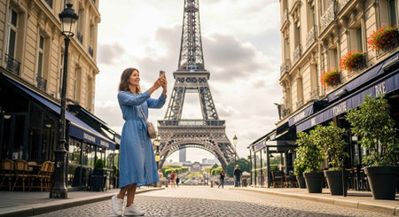 A young woman taking a photo of the Eiffel Tower in Parisの写真素材