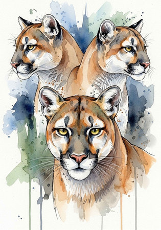 A watercolor painting of three mountain lions with a city skyline background