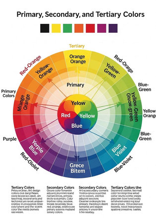 A color wheel illustrating primary, secondary, and tertiary colors in a circular diagramの写真素材
