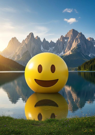 A large yellow smiley face sculpture sits by a serene lake with mountains in the background