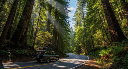 A green SUV drives down a winding road through a dense forest with tall trees and sunbeams shining...