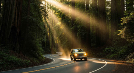A car drives down a winding road through a forest with sunbeams shining through the trees.