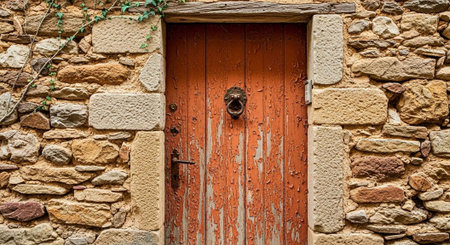 A rustic wooden door set in a weathered stone wall with vines growing around itの写真素材