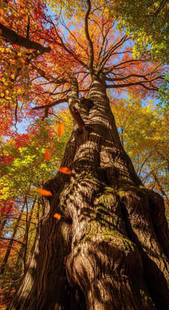 A towering tree stands tall in a vibrant autumn forest with colorful leavesの写真素材