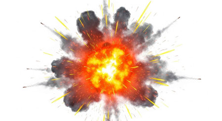 A vibrant explosion of fire and smoke on a white background