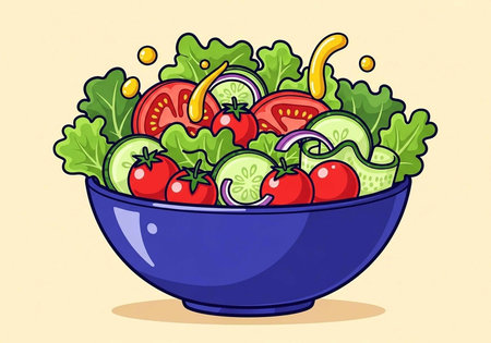 A vibrant cartoon illustration of a fresh vegetable salad in a blue bowlの写真素材