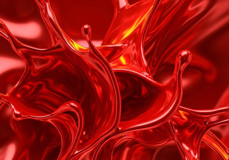 A vibrant red liquid splash with dynamic movement and energyの写真素材