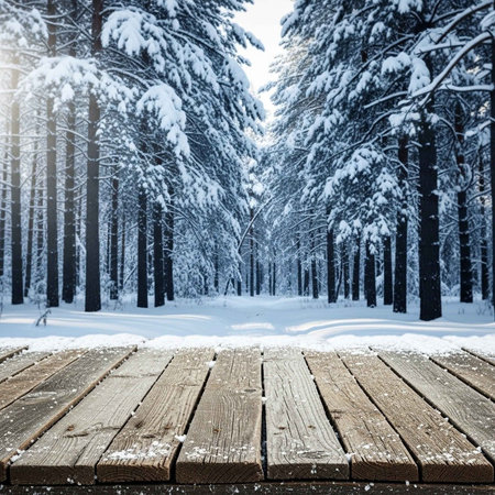 A serene winter landscape with a wooden platform in a snow-covered forestの写真素材