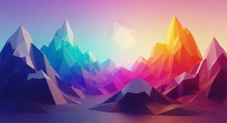 A vibrant, colorful mountain range at sunset with a polygonal design