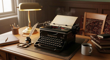 A vintage typewriter on a wooden desk with a lamp and books