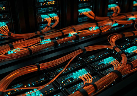 A close-up view of a server room with organized cable management