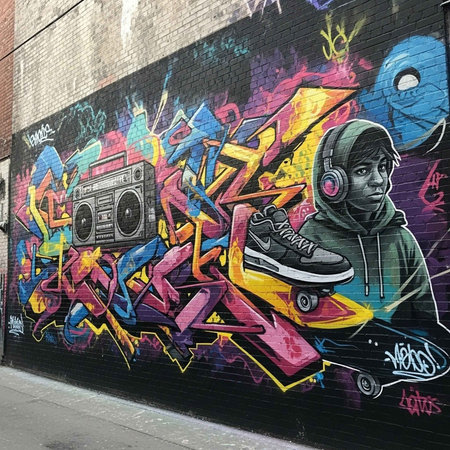 A vibrant graffiti mural depicting a young man with headphones and a boombox