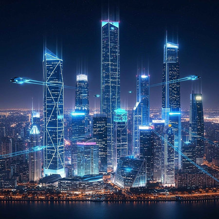 A futuristic cityscape at night with sleek skyscrapers and neon lights