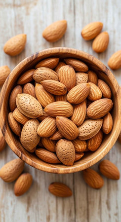 A wooden bowl filled with almonds on a rustic wooden tableの写真素材