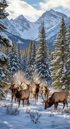 A herd of elk grazing in a snowy forest with mountains in the backgroundの写真素材