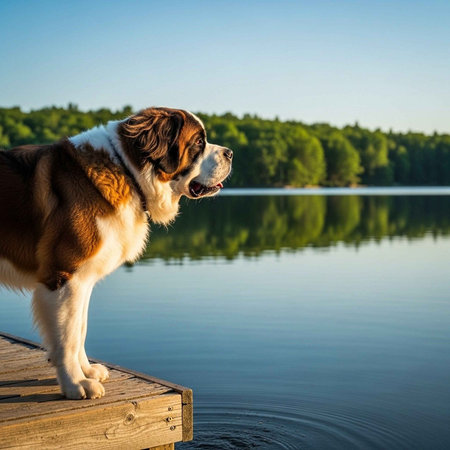 A large brown and white dog standing on a wooden dock by a calm lake