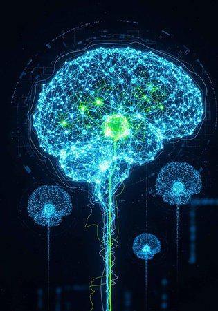 A futuristic digital illustration of a human brain with neural connections