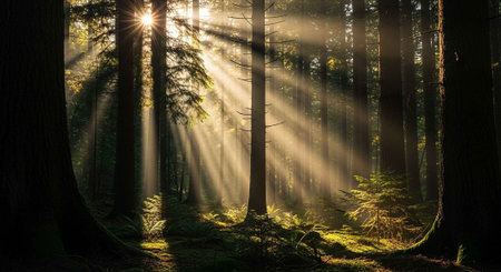 Sunlight filtering through tall trees in a serene forest landscape