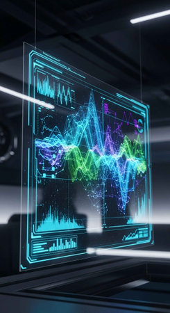A futuristic digital display showing colorful data visualizations in a dark room
