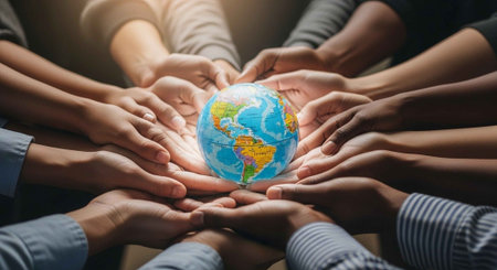Diverse group of people joining hands around the Earth together