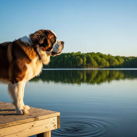 A large brown and white dog standing on a wooden dock by a calm lakeの写真素材