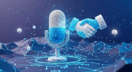 A futuristic illustration of a handshake and microphone in a digital environment