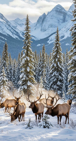 A herd of elk grazing in a snowy forest with mountains in the backgroundの写真素材