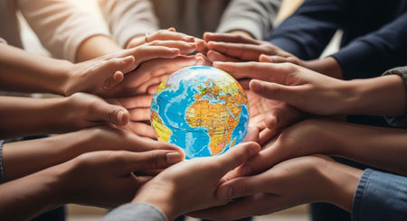 A group of diverse people putting their hands together around the globe