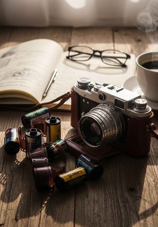 A vintage camera and photography equipment on a wooden table with a cup of coffee