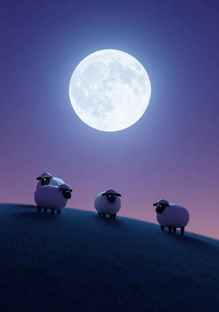 Three sheep standing on a hill under a full moon at night