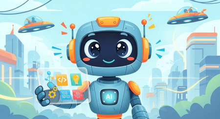 A cartoon robot with a tablet in a futuristic cityscape with flying saucers