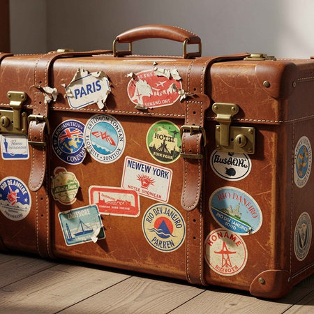 A vintage brown leather suitcase with travel stickers on a wooden floor