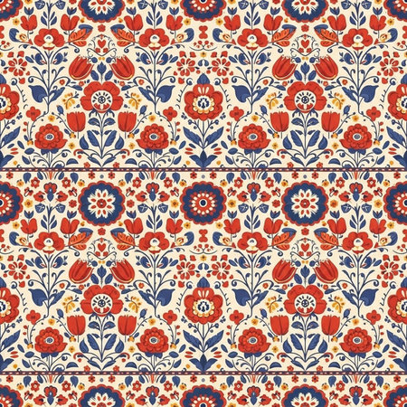 A vibrant floral pattern with red, blue, and yellow flowers on a cream backgroundの写真素材